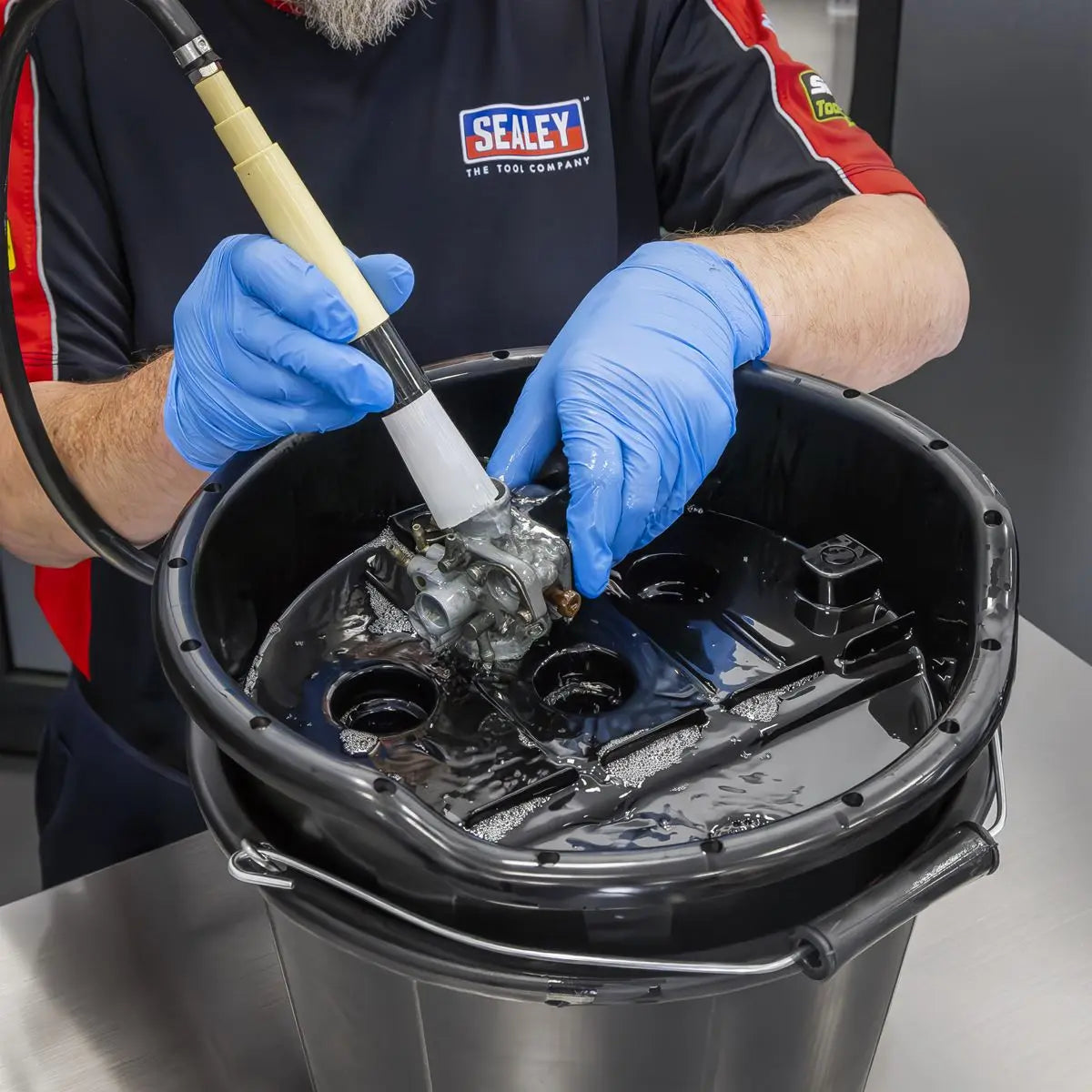 Sealey Portable Bucket Parts Washer with Brush 14L White Rose Tools