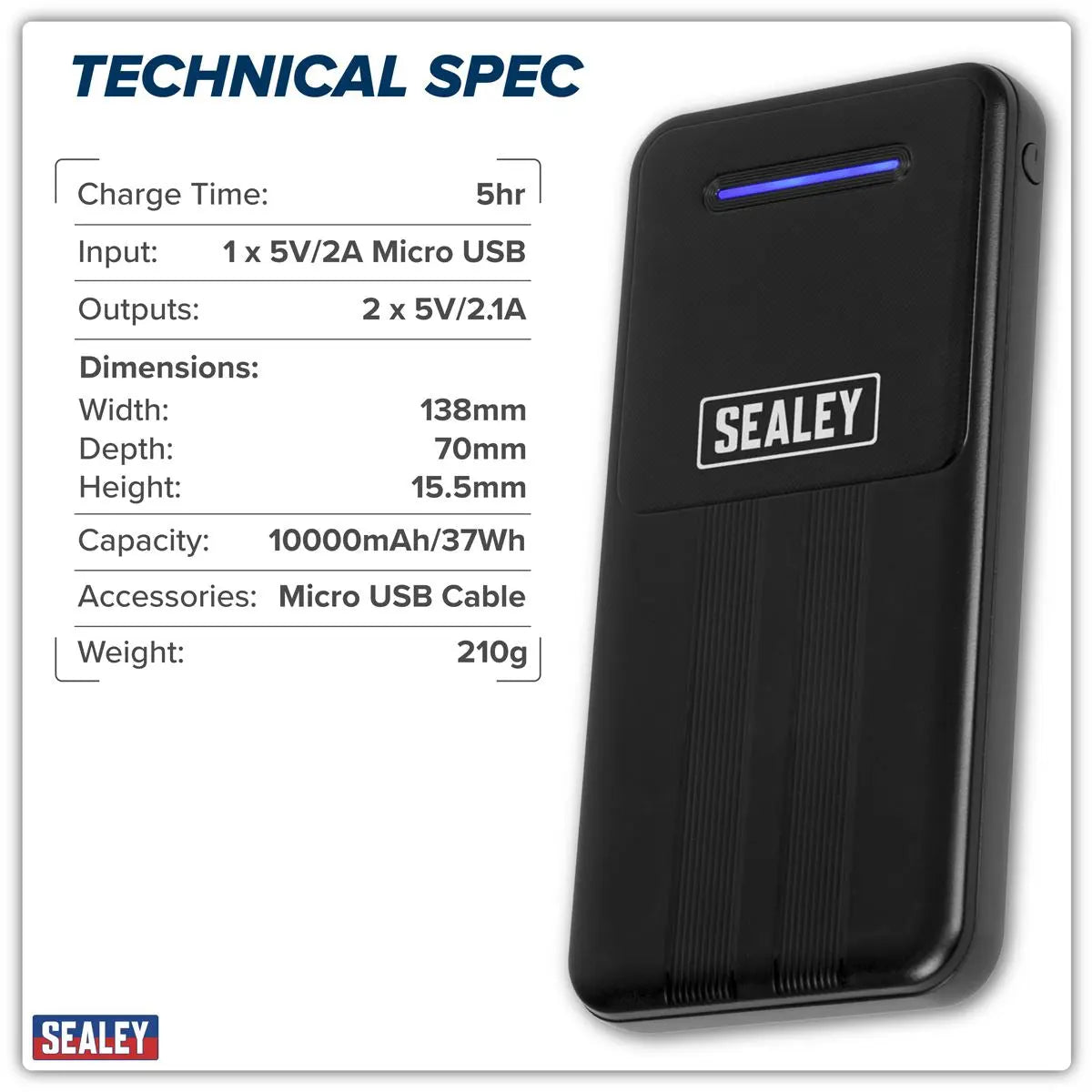 Sealey Portable Power Bank 10W 10000mAh White Rose Tools