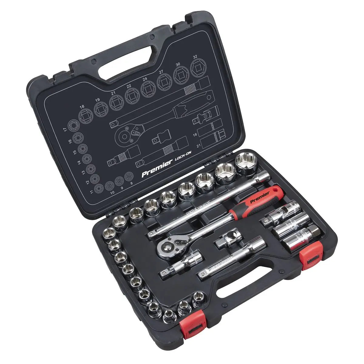 Sealey Premier 26 Piece 1/2" Drive Lock On Socket Set 8-32mm Ratchet Handle