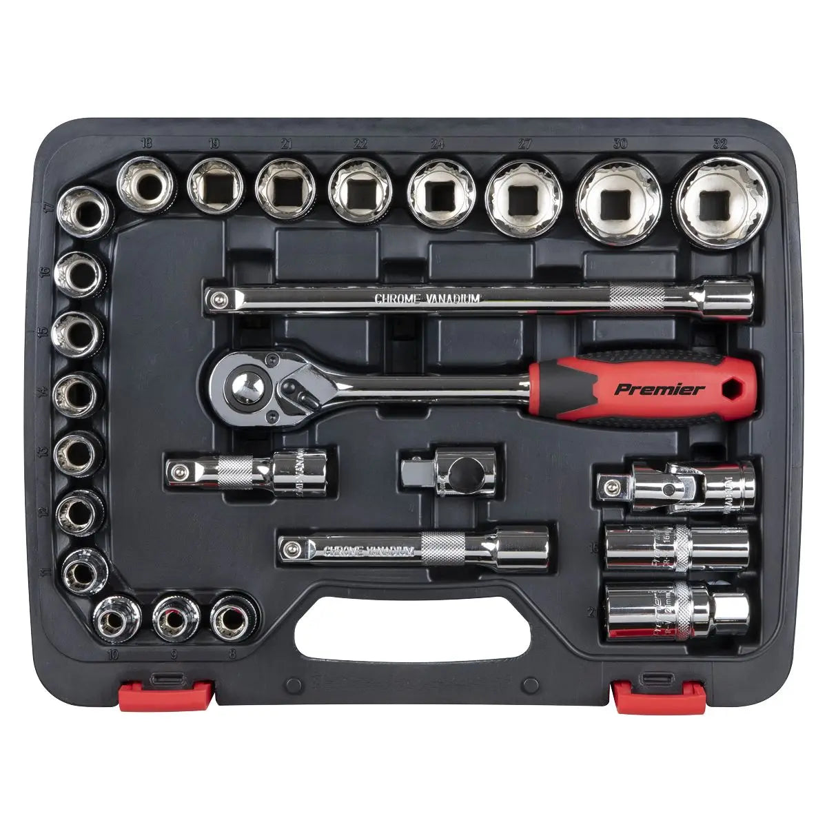 Sealey Premier 26 Piece 1/2" Drive Lock On Socket Set 8-32mm Ratchet Handle