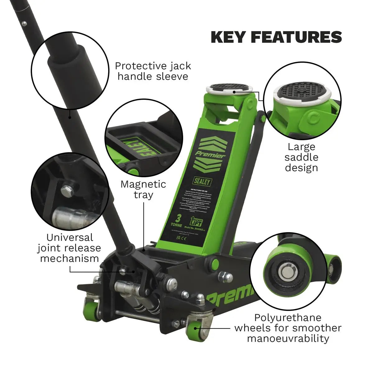 Sealey Premier 3 Tonne Rocket Lift Trolley Jack Green