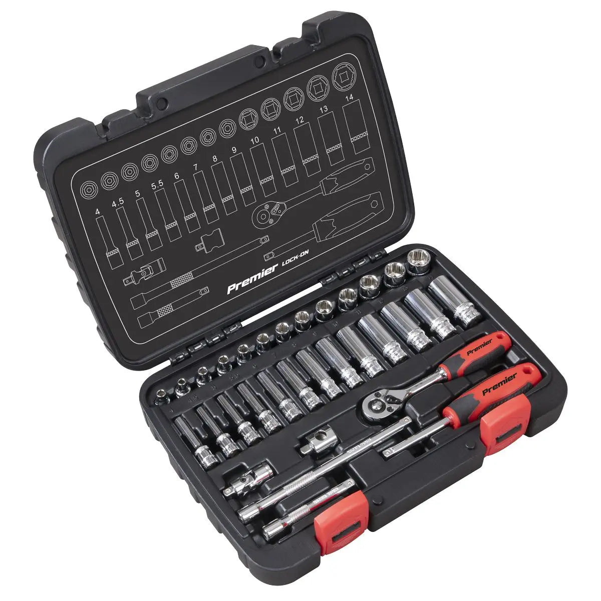 Sealey Premier 32 Piece 1/4" Drive Lock On Socket Set 4-14mm Ratchet Handle