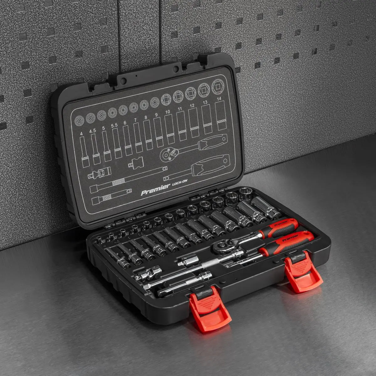 Sealey Premier 32 Piece 1/4" Drive Lock On Socket Set 4-14mm Ratchet Handle