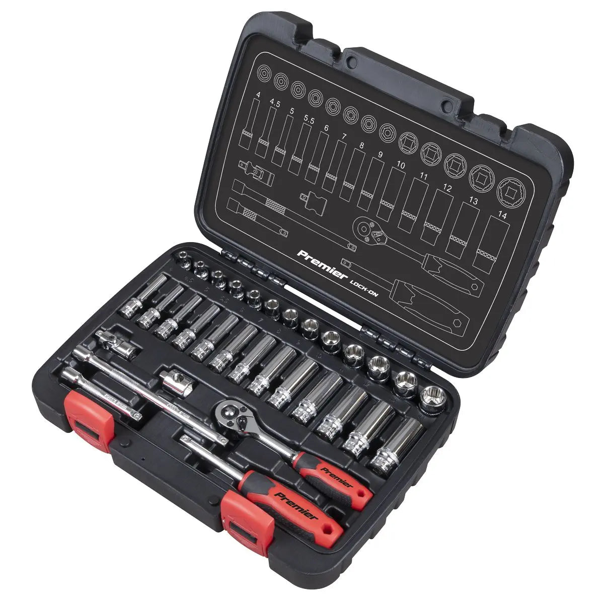 Sealey Premier 32 Piece 1/4" Drive Lock On Socket Set 4-14mm Ratchet Handle