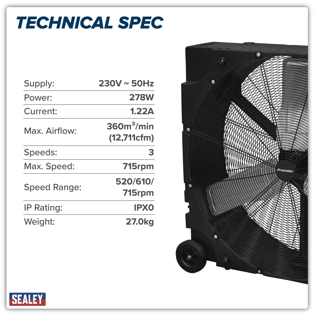 Sealey Premier 36" Industrial High Velocity Rotomould Drum Fan 3-Speed 230V White Rose Tools