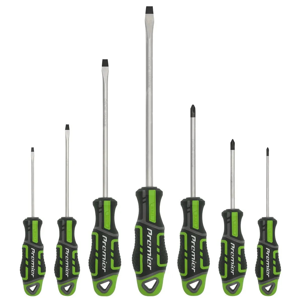 Sealey Premier 7 Piece GripMAX Screwdriver Set Slotted Phillips (Hi-Vis Green) White Rose Tools