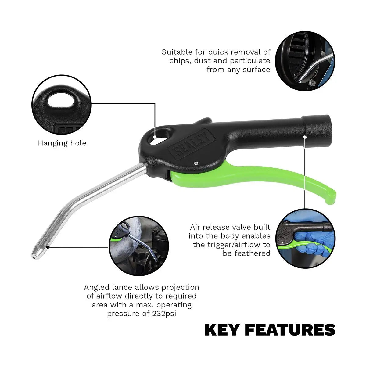 Sealey Premier Air Blow Gun Ø8mm 100mm with 1/4"BSP Air Inlet  White Rose Tools