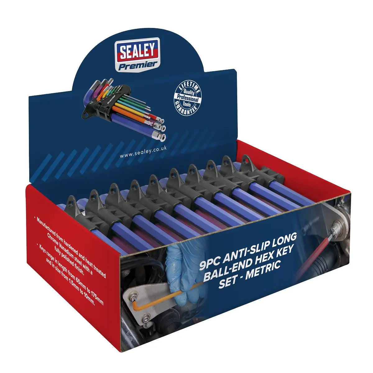 Sealey Premier Ball-End Hex Key Set 9pc Colour-Coded Long Metric - Display Box of 10 White Rose Tools