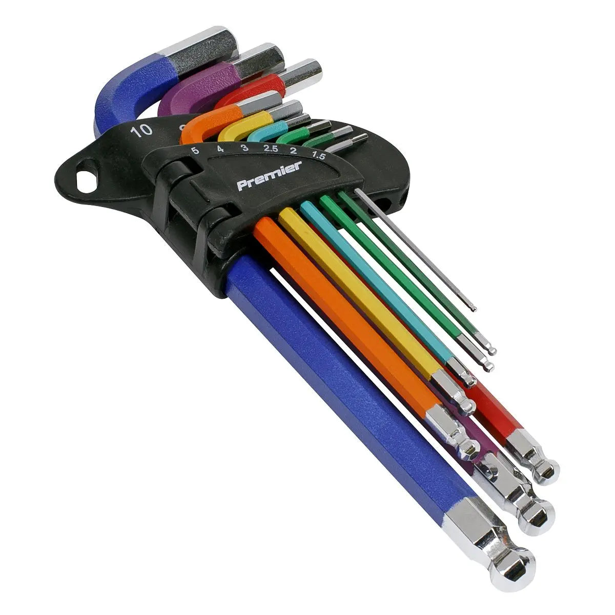 Sealey Premier Ball-End Hex Key Set 9pc Colour-Coded Long Metric - Display Box of 10  White Rose Tools