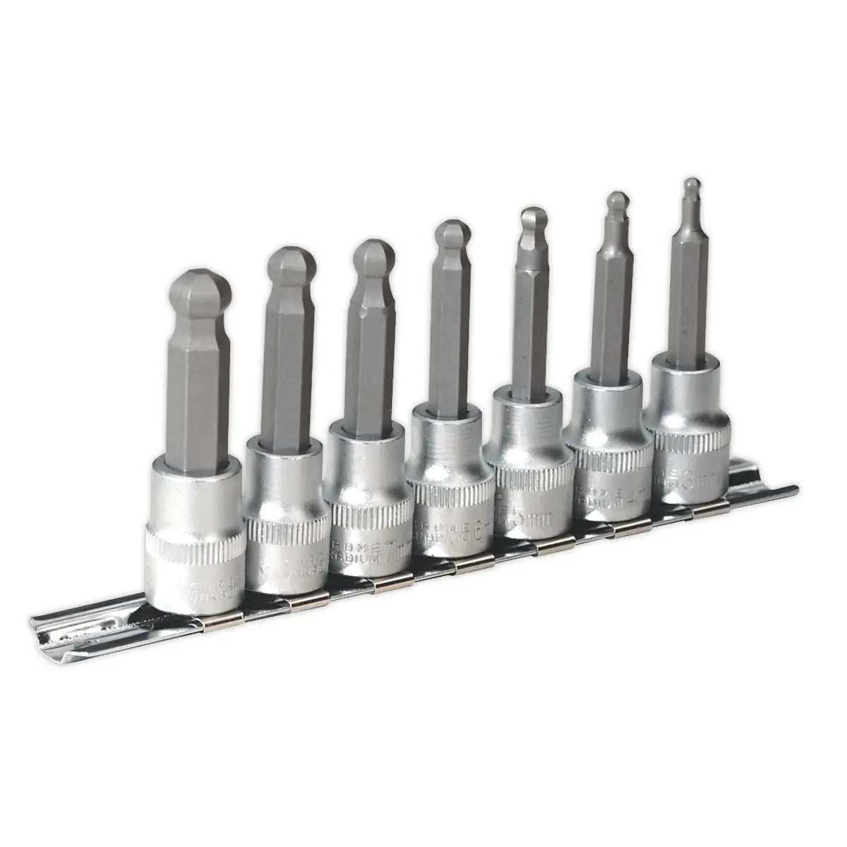 Sealey Premier Ball-End Hex Socket Bit Set 7pc Metric 3/8"Sq Drive 62mm