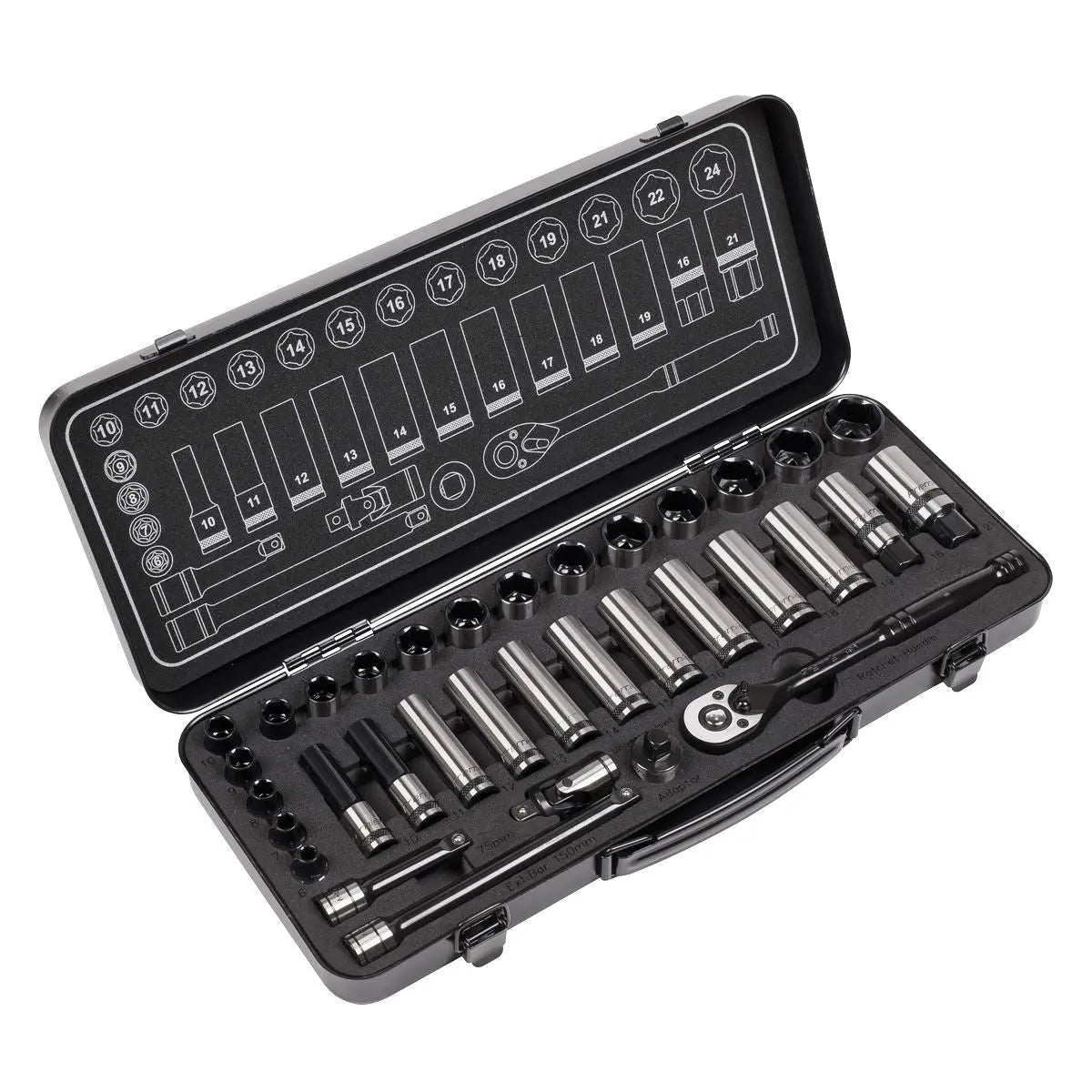 Sealey Premier Black 34 Piece 3/8" Drive Metric Socket Set WallDrive Ratchet Handle
