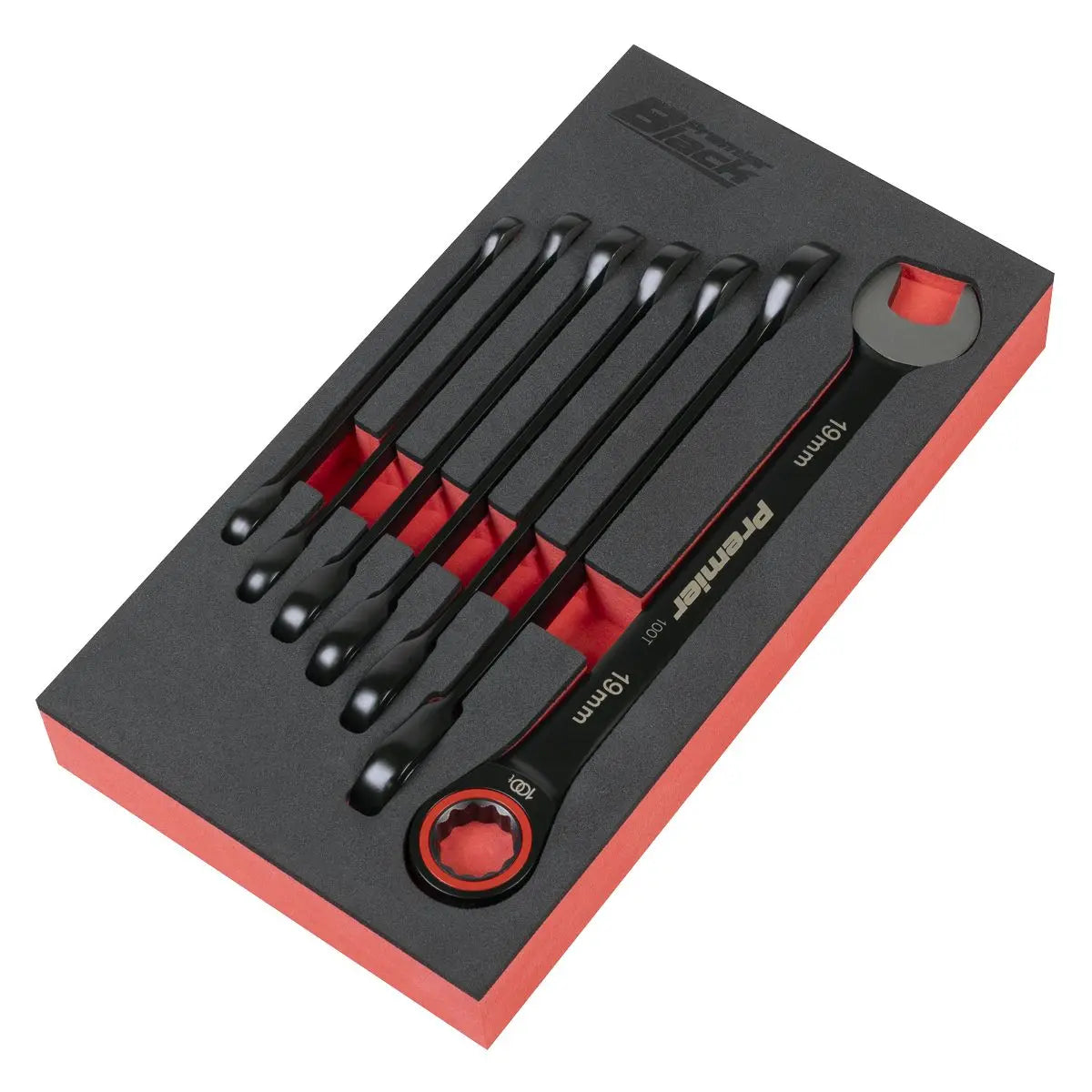 Sealey Premier Black Premier Black Combination Ratchet Spanner Set 7pc  White Rose Tools