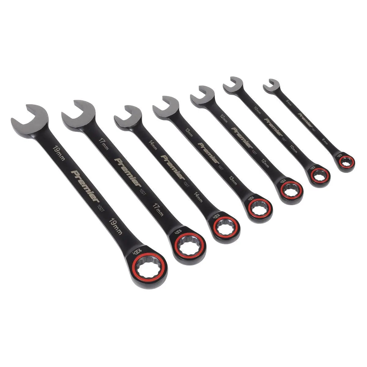 Sealey Premier Black Premier Black Combination Ratchet Spanner Set 7pc  White Rose Tools
