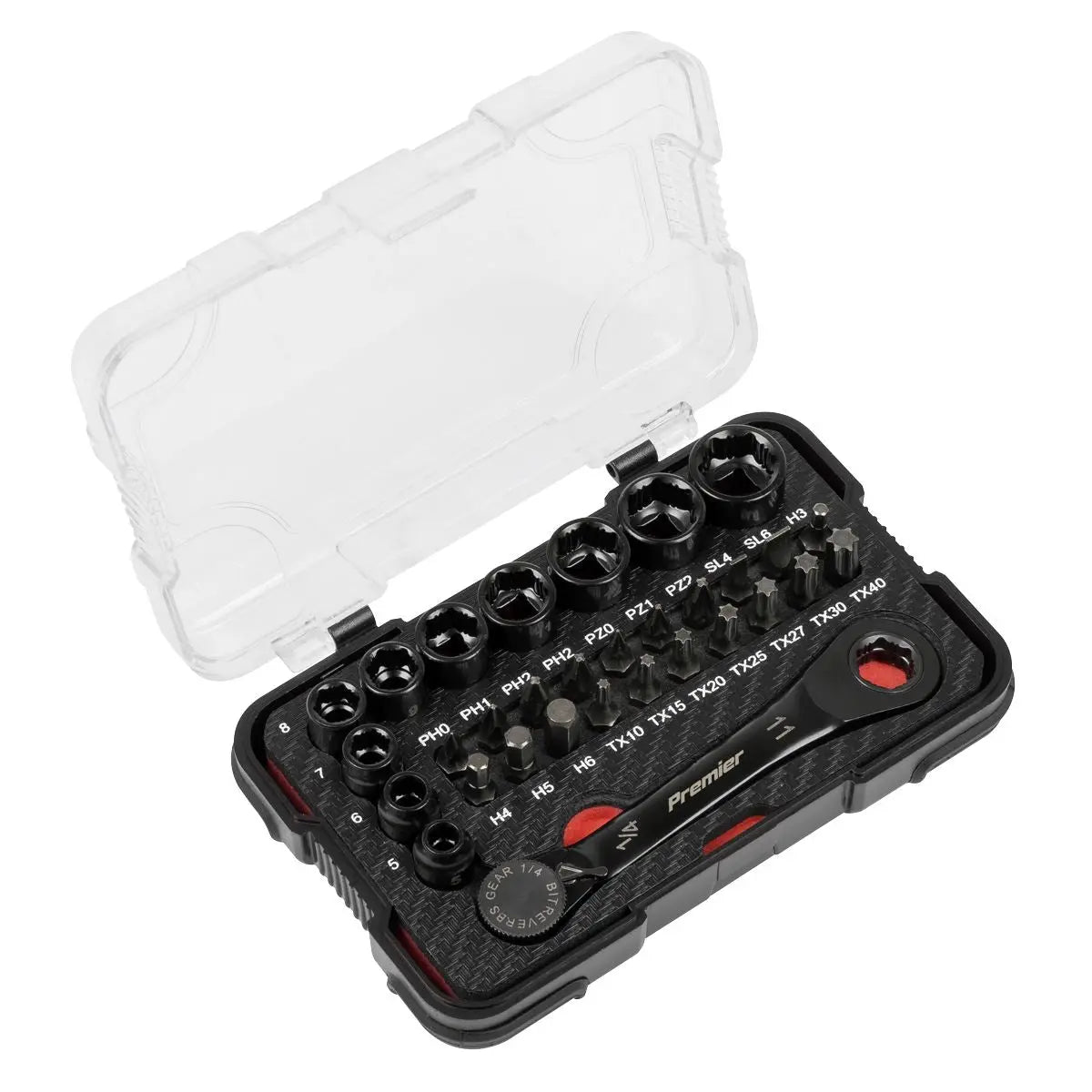 Sealey Premier Black Premier Black Go-Through Lock-On™ Low Profile Socket & Bit Set 1/4"Sq Drive 31pc White Rose Tools