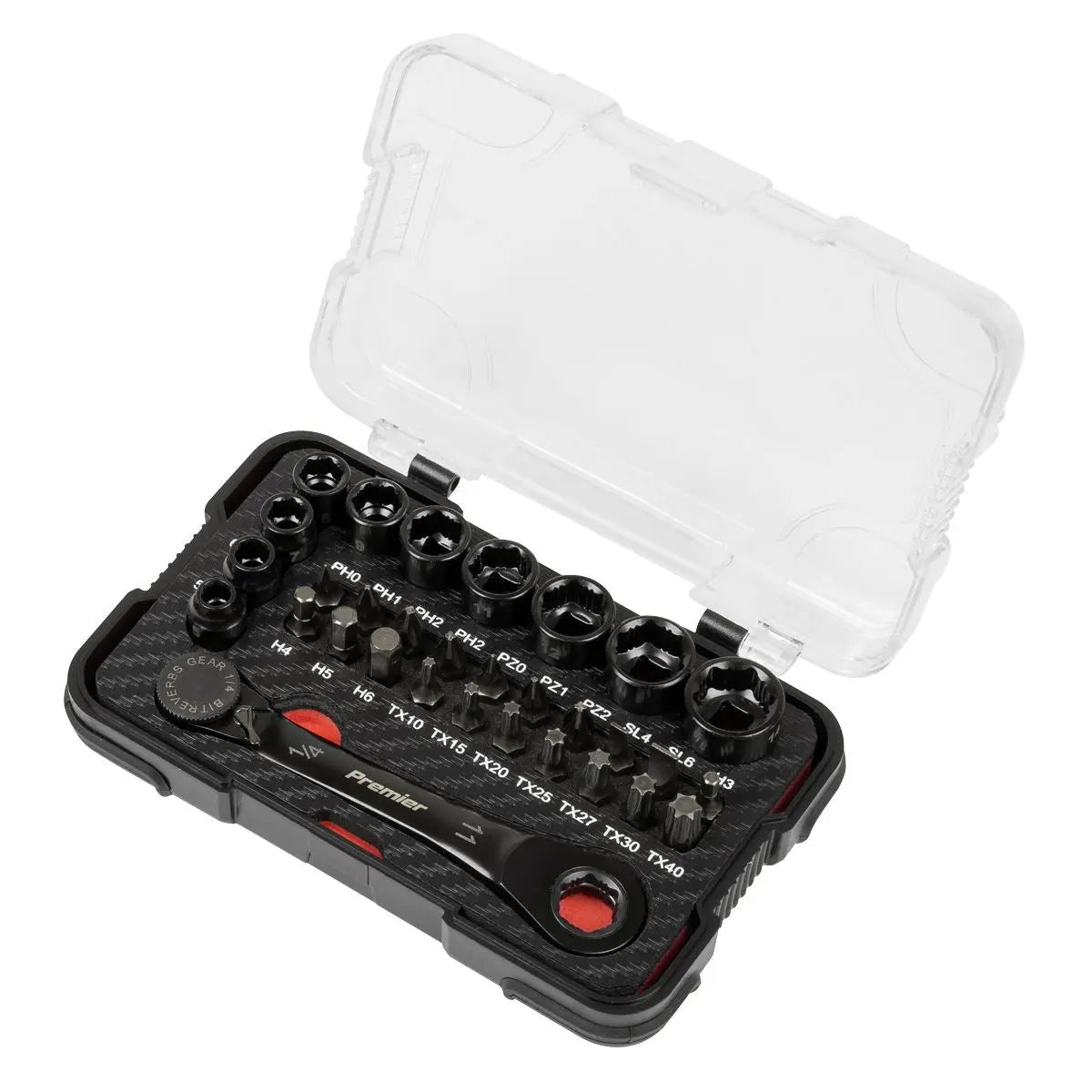 Sealey Premier Black Premier Black Go-Through Lock-On™ Low Profile Socket & Bit Set 1/4"Sq Drive 31pc White Rose Tools
