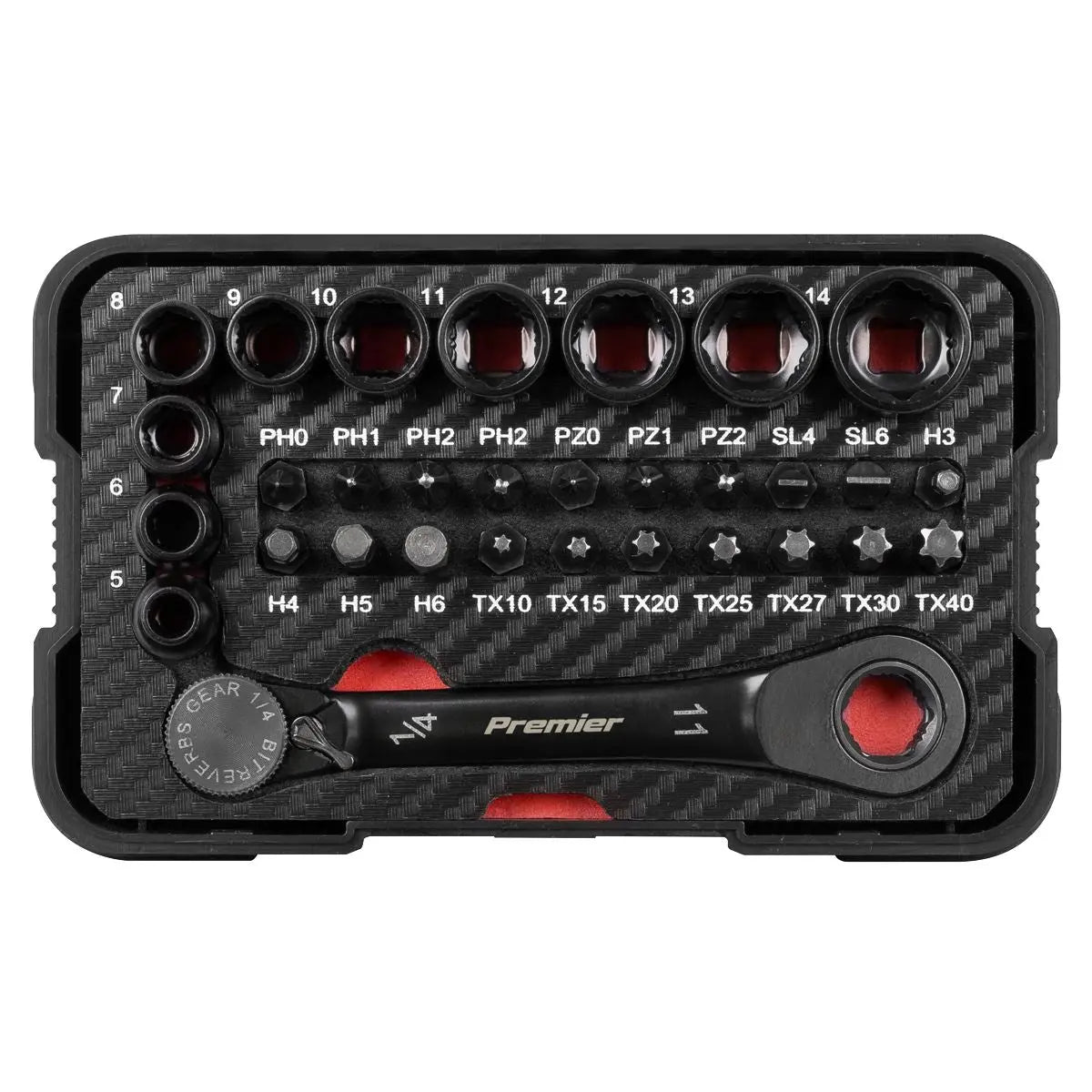Sealey Premier Black Premier Black Go-Through Lock-On™ Low Profile Socket & Bit Set 1/4"Sq Drive 31pc White Rose Tools