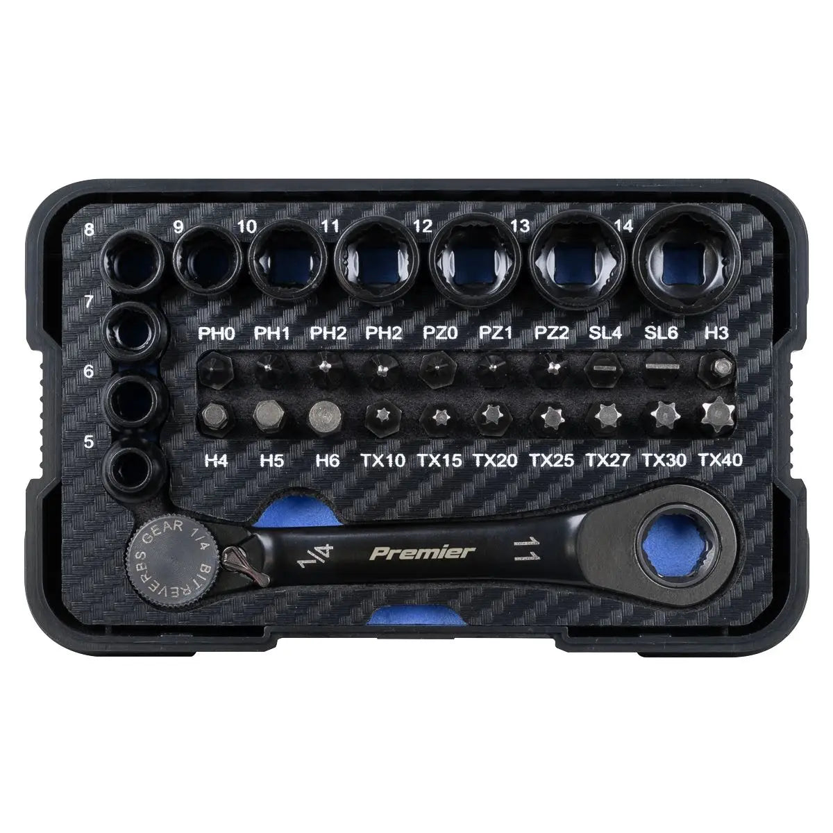 Sealey Premier Black Premier Black Go-Through Lock-On™ Low Profile Socket & Bit Set 1/4"Sq Drive 31pc  White Rose Tools