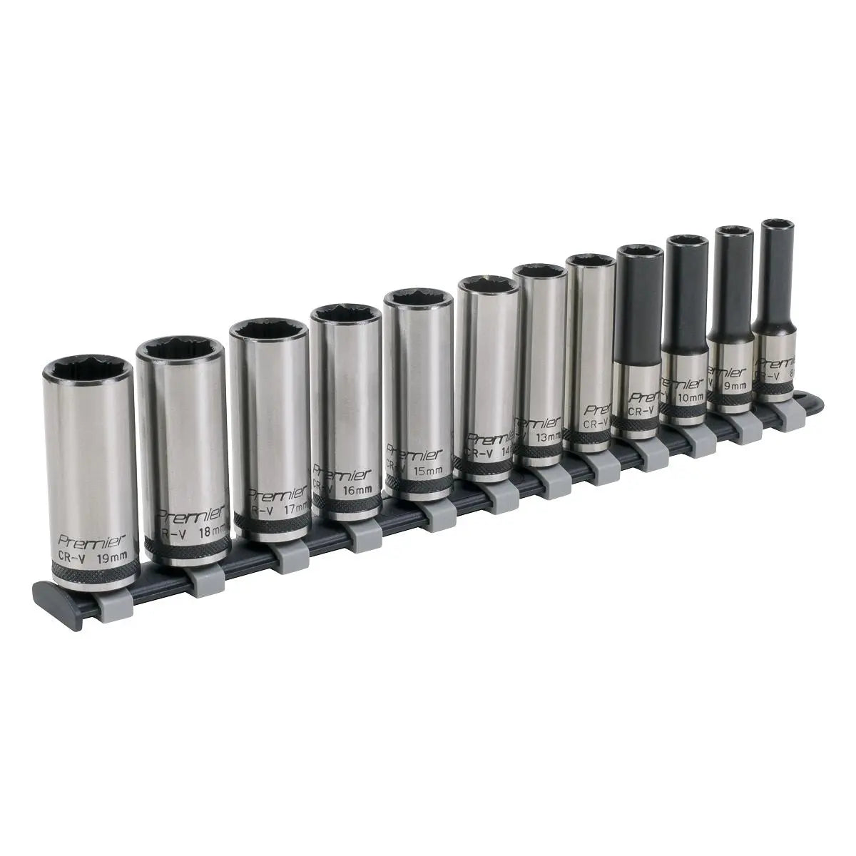 Sealey Premier Black Socket Set 12pc 3/8"Sq Drive Deep Lock-On™ 6pt Metric - Premier Black