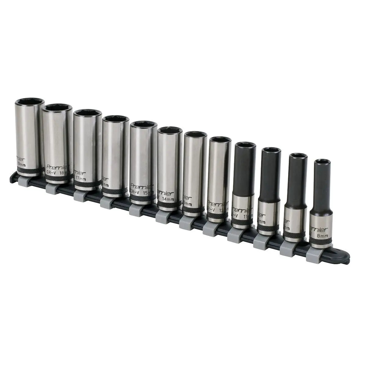 Sealey Premier Black Socket Set 12pc 3/8"Sq Drive Deep Lock-On™ 6pt Metric - Premier Black