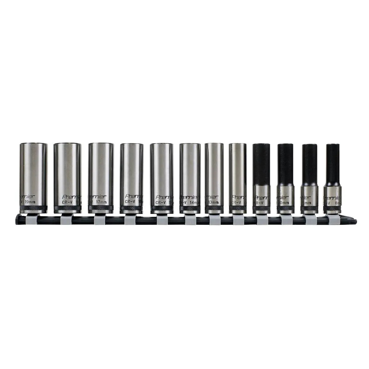 Sealey Premier Black Socket Set 12pc 3/8"Sq Drive Deep Lock-On™ 6pt Metric - Premier Black