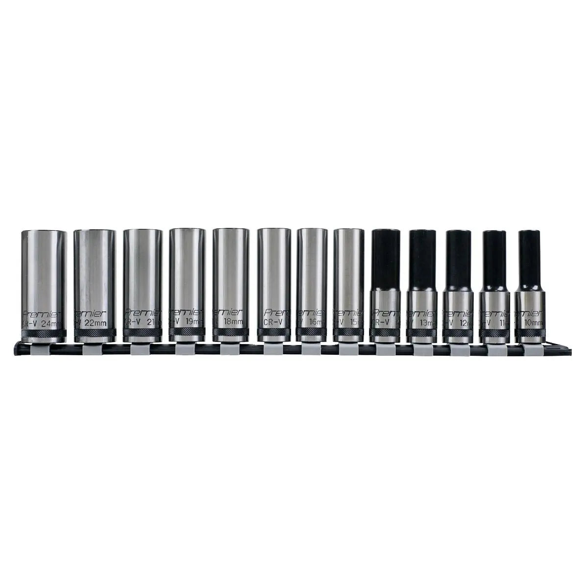 Sealey Premier Black Socket Set 13pc 1/2"Sq Drive Deep Lock-On™ 6pt Metric - Premier Black