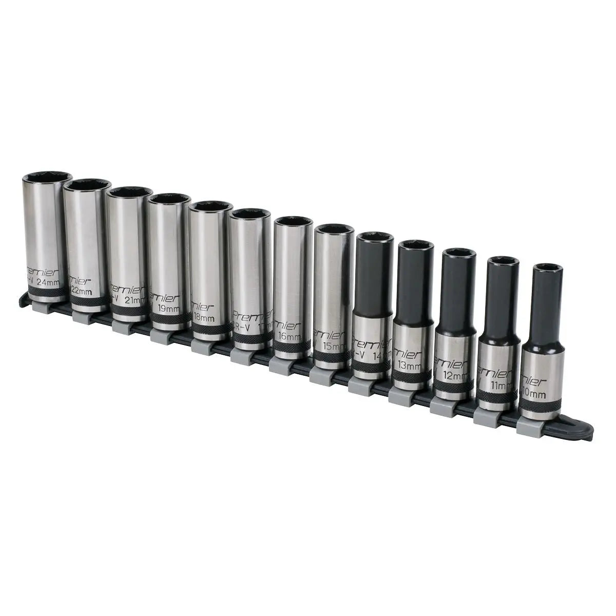 Sealey Premier Black Socket Set 13pc 1/2"Sq Drive Deep Lock-On™ 6pt Metric - Premier Black
