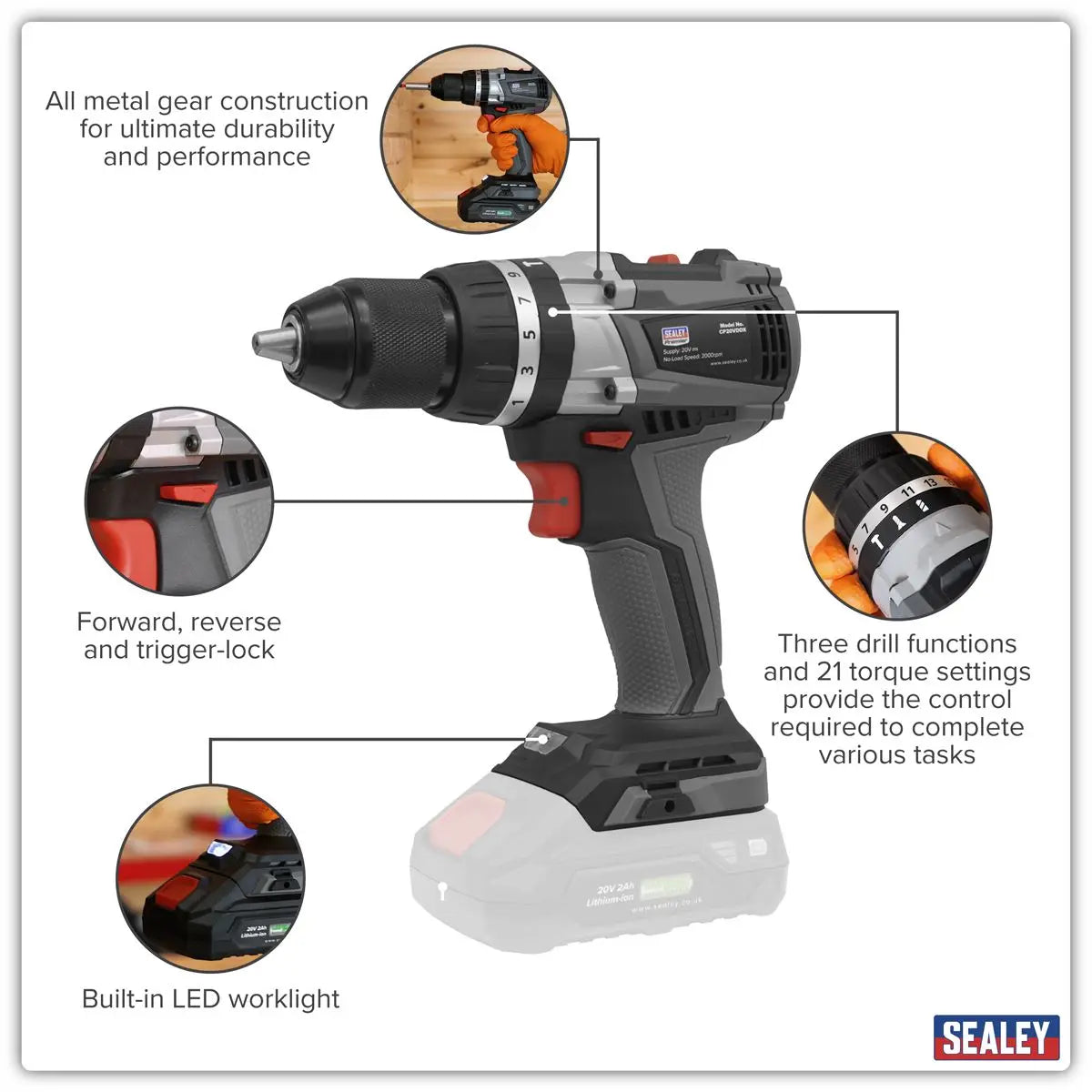 Sealey Premier Brushless Combi Drill Ø13mm 20V SV20 Series - Body Only  White Rose Tools