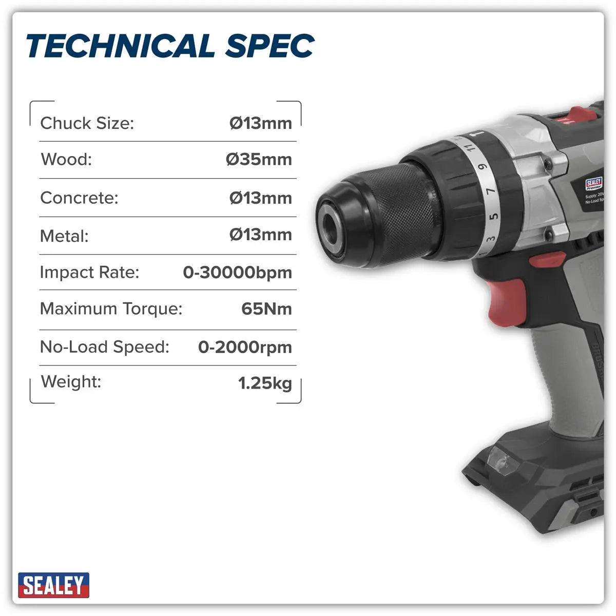 Sealey Premier Brushless Combi Drill Ø13mm 20V SV20 Series - Body Only  White Rose Tools