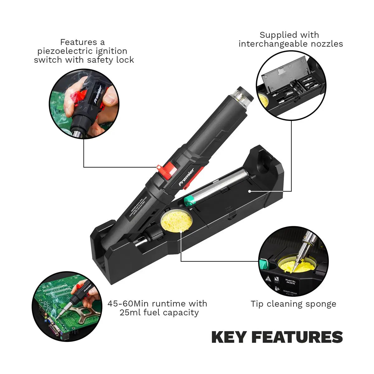 Sealey Premier Butane Soldering Iron Kit 3-in-1 Quick Release White Rose Tools