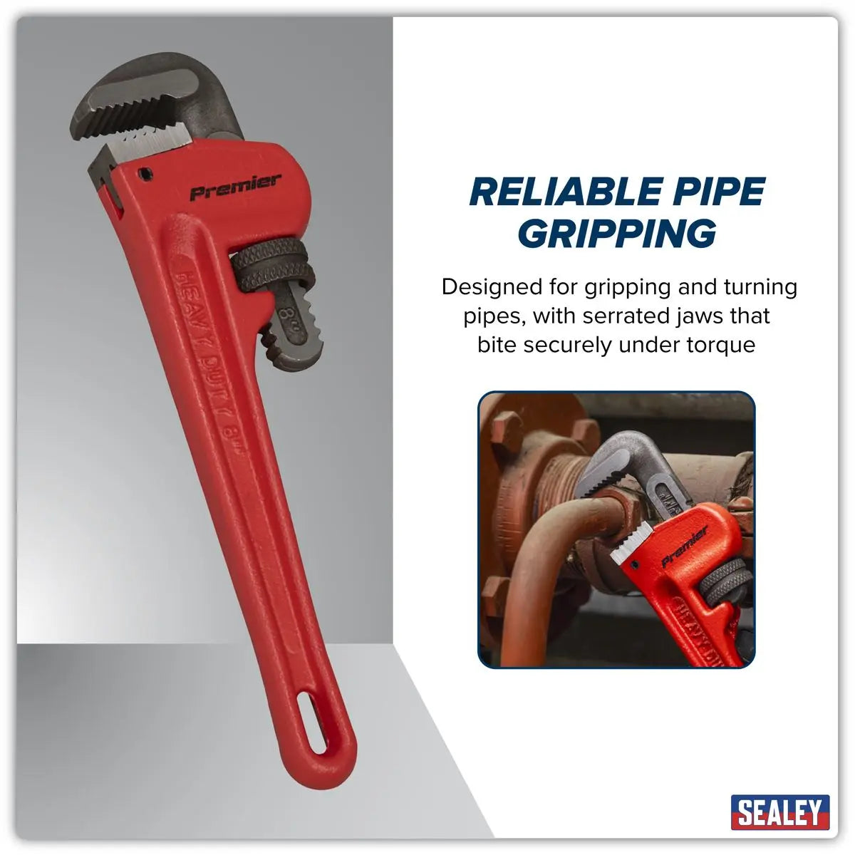 Sealey Premier Cast Steel Pipe Wrench European Pattern 200mm White Rose Tools