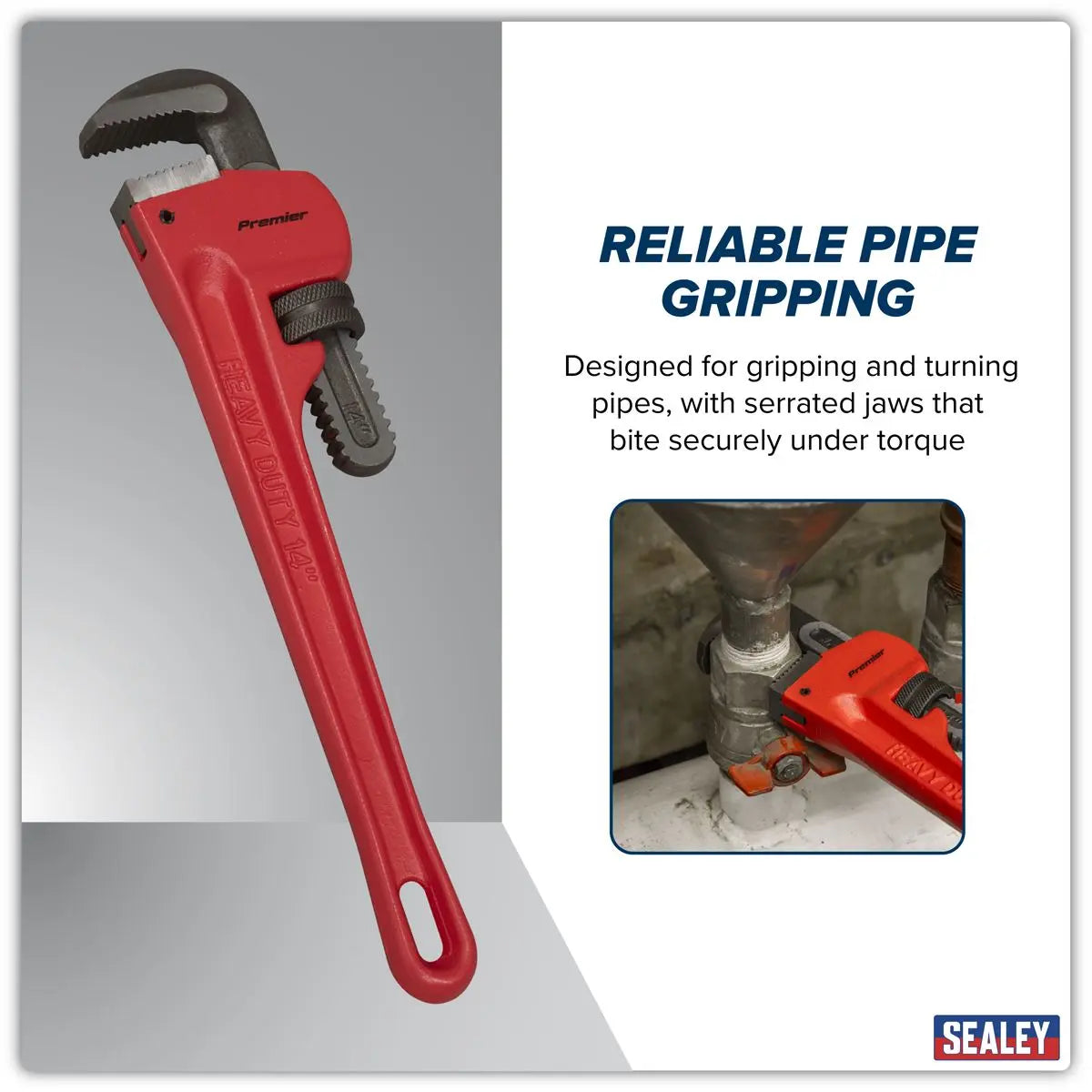 Sealey Premier Cast Steel Pipe Wrench European Pattern 350mm White Rose Tools