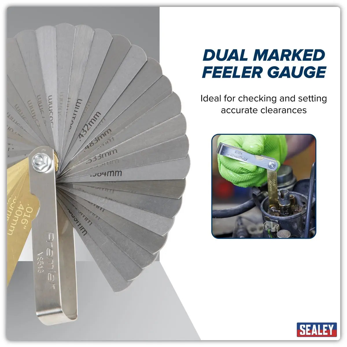 Sealey Premier Combination Steel/Brass Dual Marked Feeler Gauge 36 Blade White Rose Tools