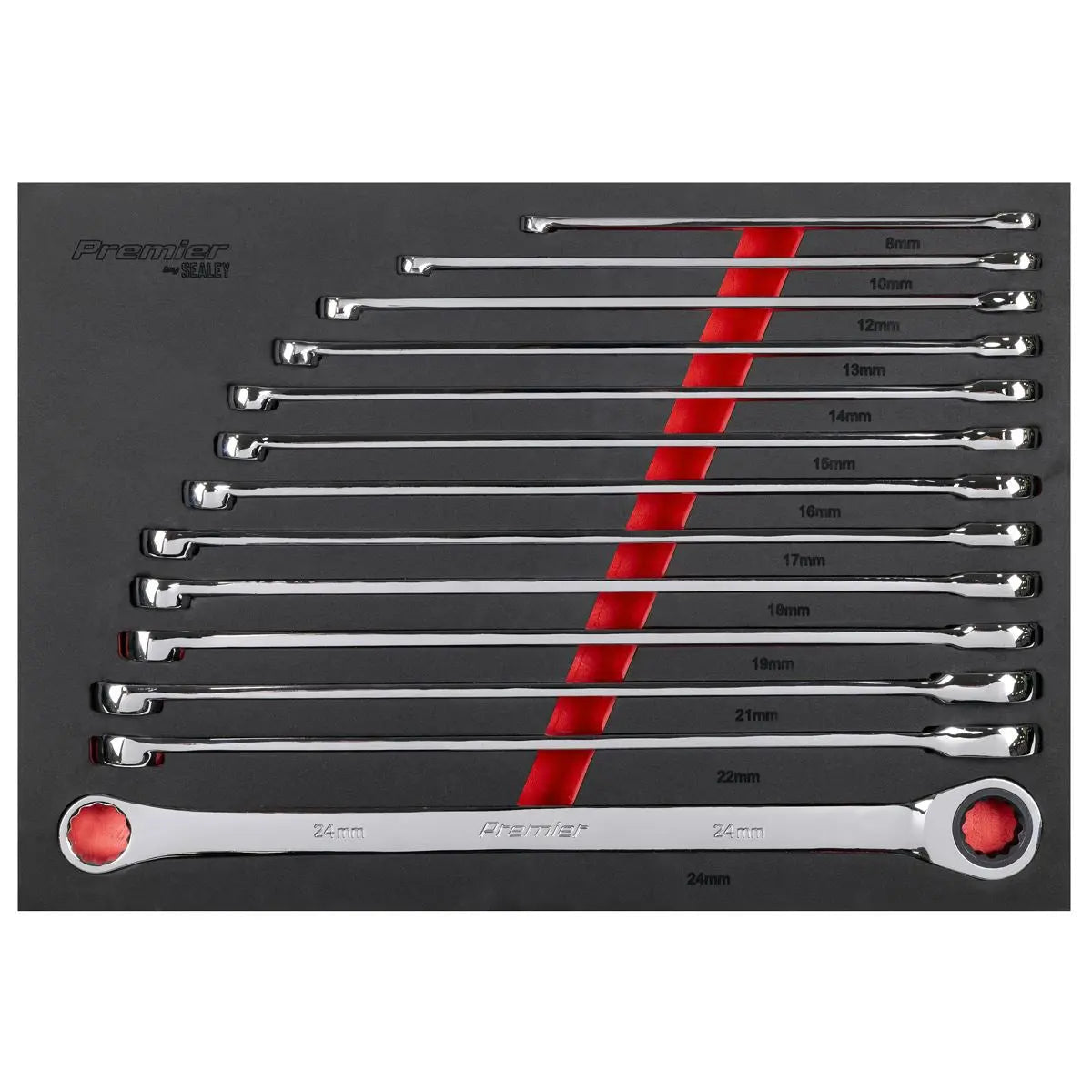 Sealey Premier Extra-Long Double Ring Ratchet/Fixed Spanner Set 13pc  White Rose Tools