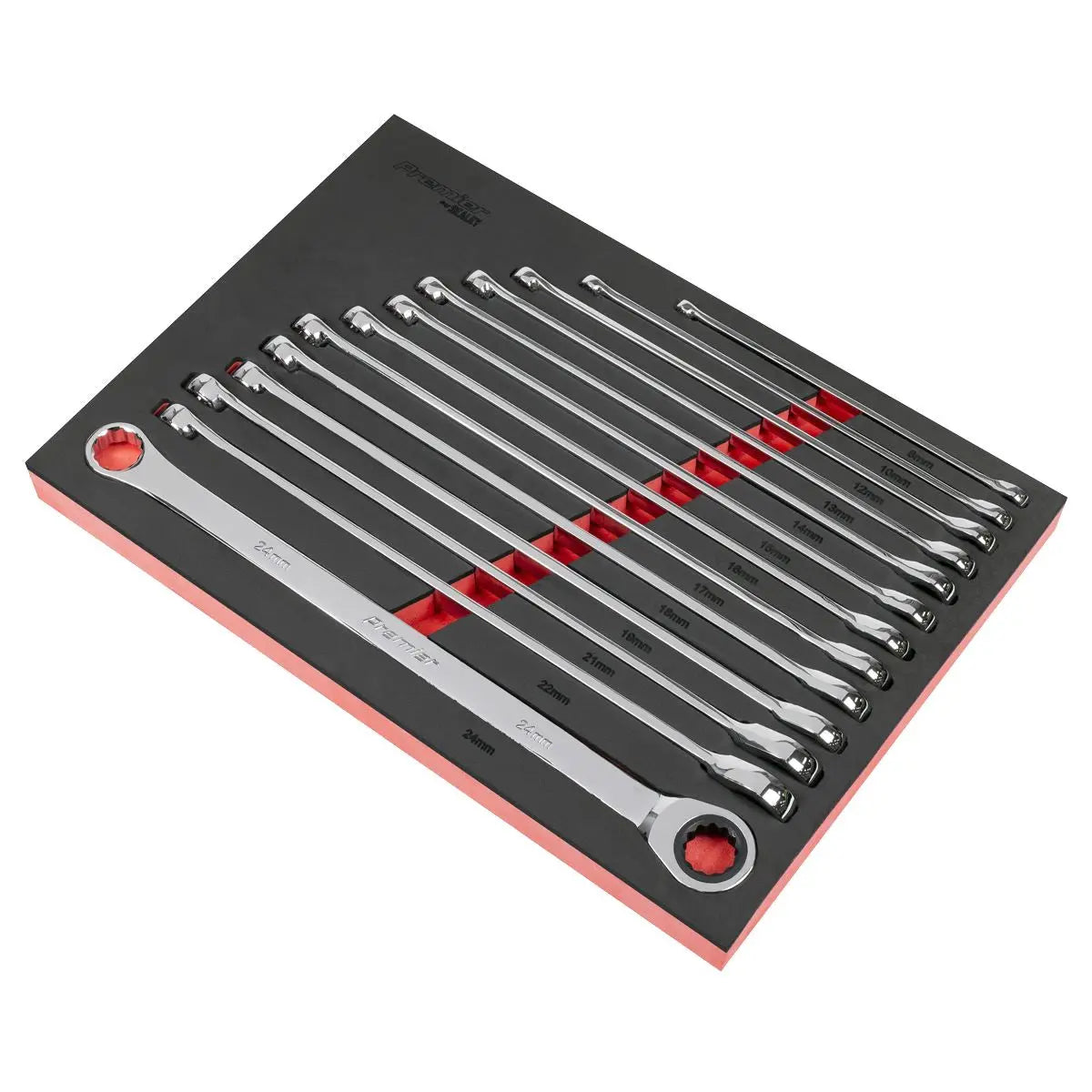 Sealey Premier Extra-Long Double Ring Ratchet/Fixed Spanner Set 13pc  White Rose Tools