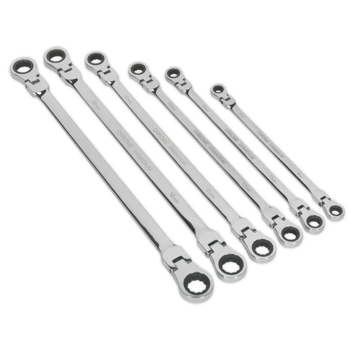 Sealey Premier Flexi-Head Double End Ratchet Ring Spanner Set 6pc Extra-Long Metric