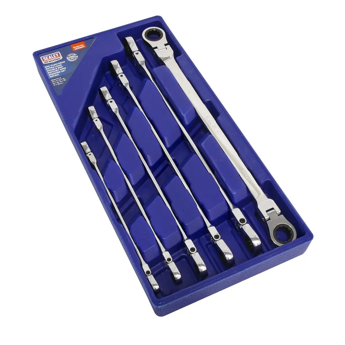 Sealey Premier Flexi-Head Double End Ratchet Ring Spanner Set 6pc Extra-Long Metric