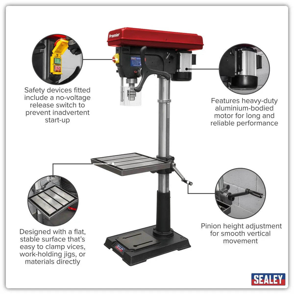 Sealey Premier Floor Standing Pillar Drill 12-Speed 1100W/230V White Rose Tools