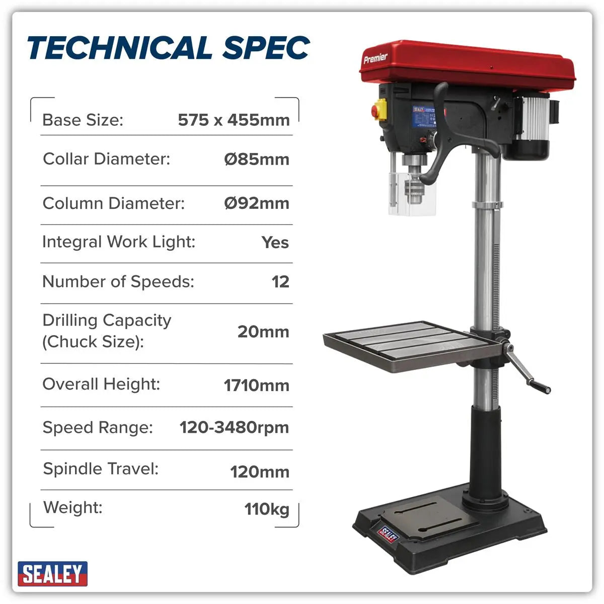 Sealey Premier Floor Standing Pillar Drill 12-Speed 1100W/230V White Rose Tools