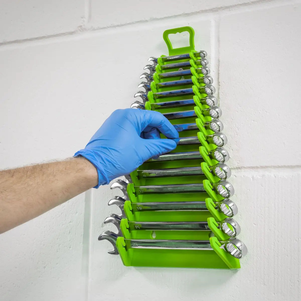 Sealey Premier High Visibility Green Reverse Spanner Rack 15 Capacity Hanging Toolbox