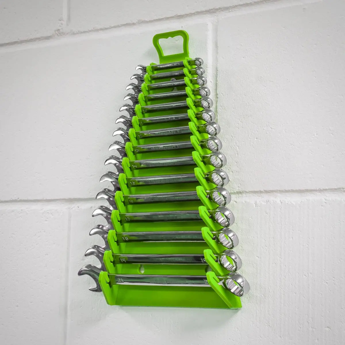 Sealey Premier High Visibility Green Reverse Spanner Rack 15 Capacity Hanging Toolbox