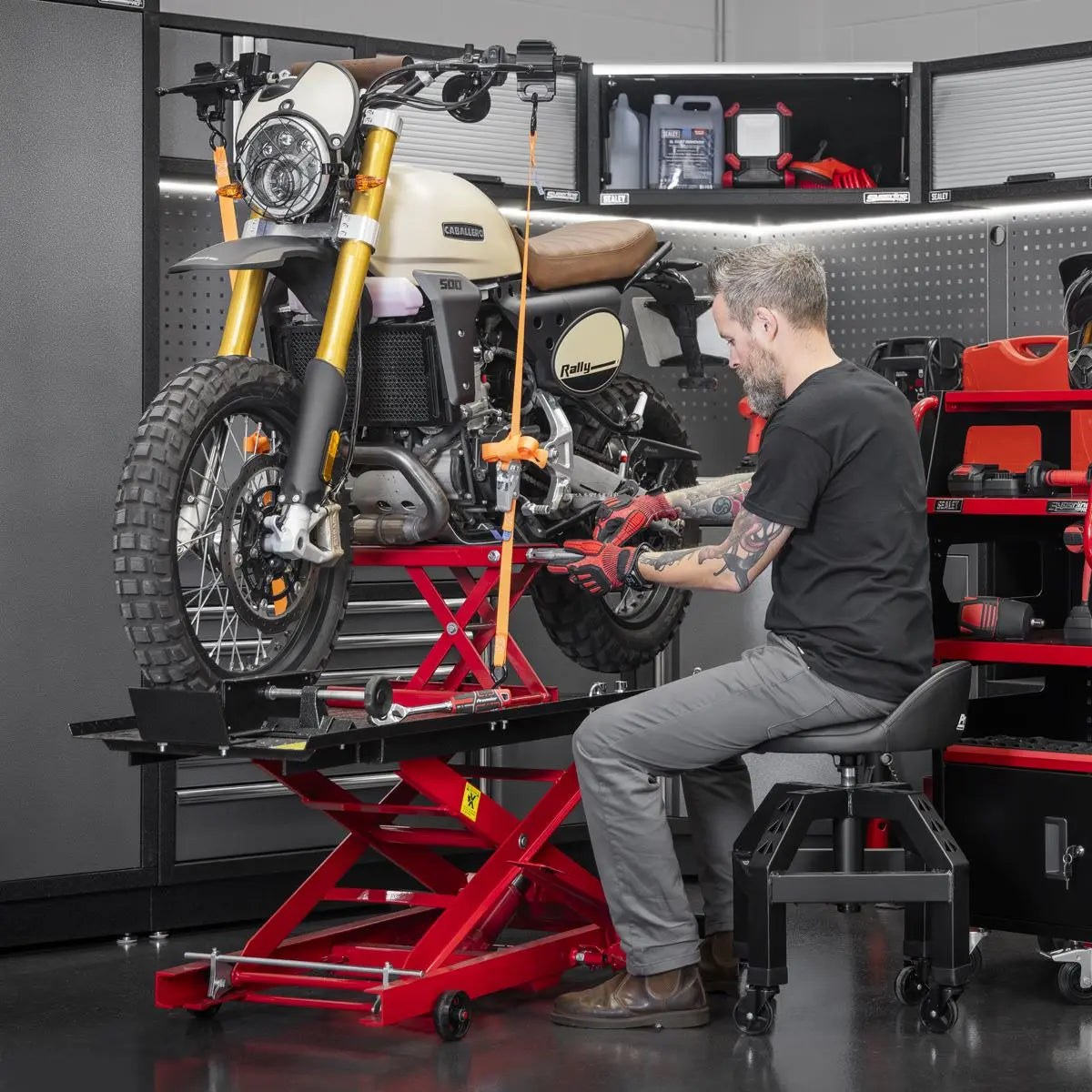 Sealey Premier Hydraulic Motorcycle Lift 363kg Capacity White Rose Tools