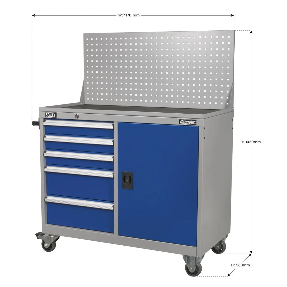 Sealey Premier Industrial Industrial Mobile Workstation 5 Drawer & 1 Shelf Locker  White Rose Tools