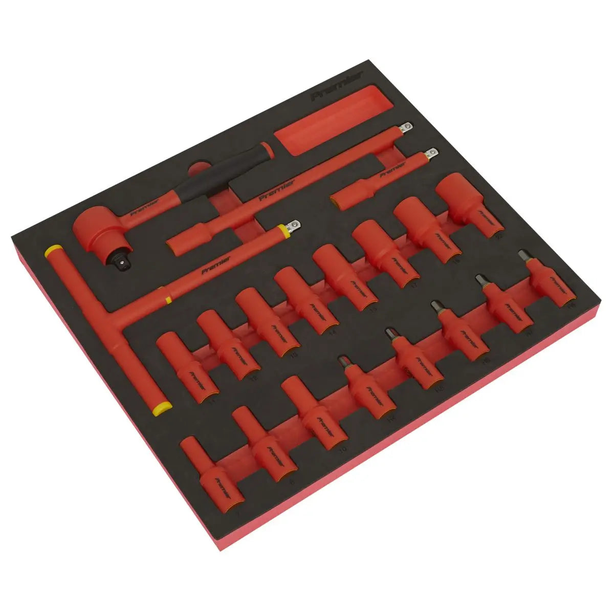 Sealey Premier Insulated Socket Set with Tool Tray 20pc 3/8"Sq Drive 6pt WallDrive® VDE Approved White Rose Tools