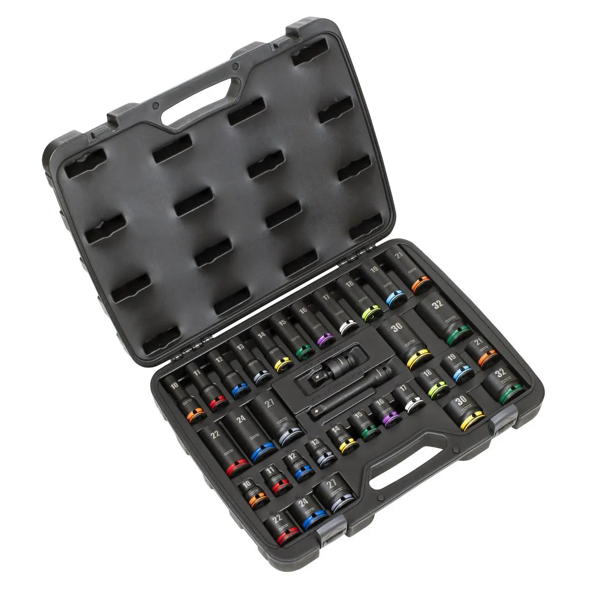 Sealey Premier Lock-On™ Standard & Deep Impact Socket Set 34pc 1/2"Sq Drive 6pt Metric White Rose Tools