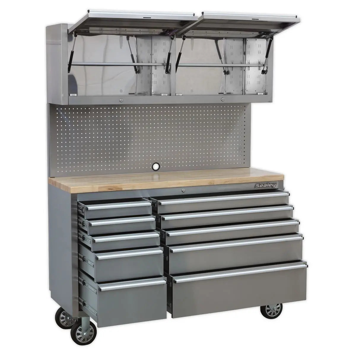 Sealey Premier Mobile Stainless Steel Tool Cabinet 10 Drawer with Backboard & 2 Wall Cupboards White Rose Tools