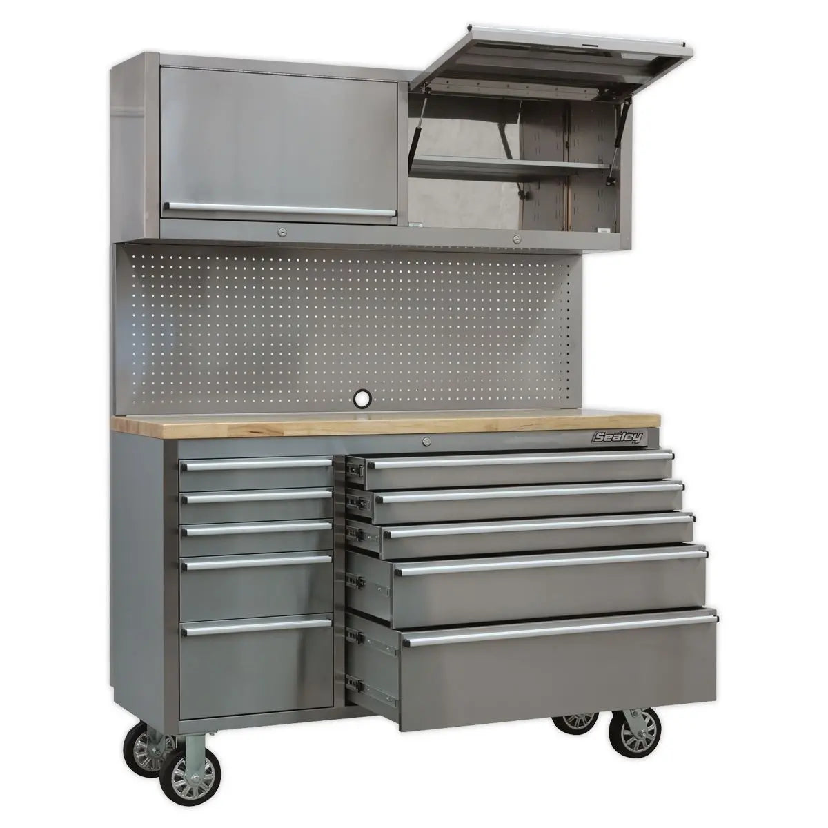 Sealey Premier Mobile Stainless Steel Tool Cabinet 10 Drawer with Backboard & 2 Wall Cupboards White Rose Tools