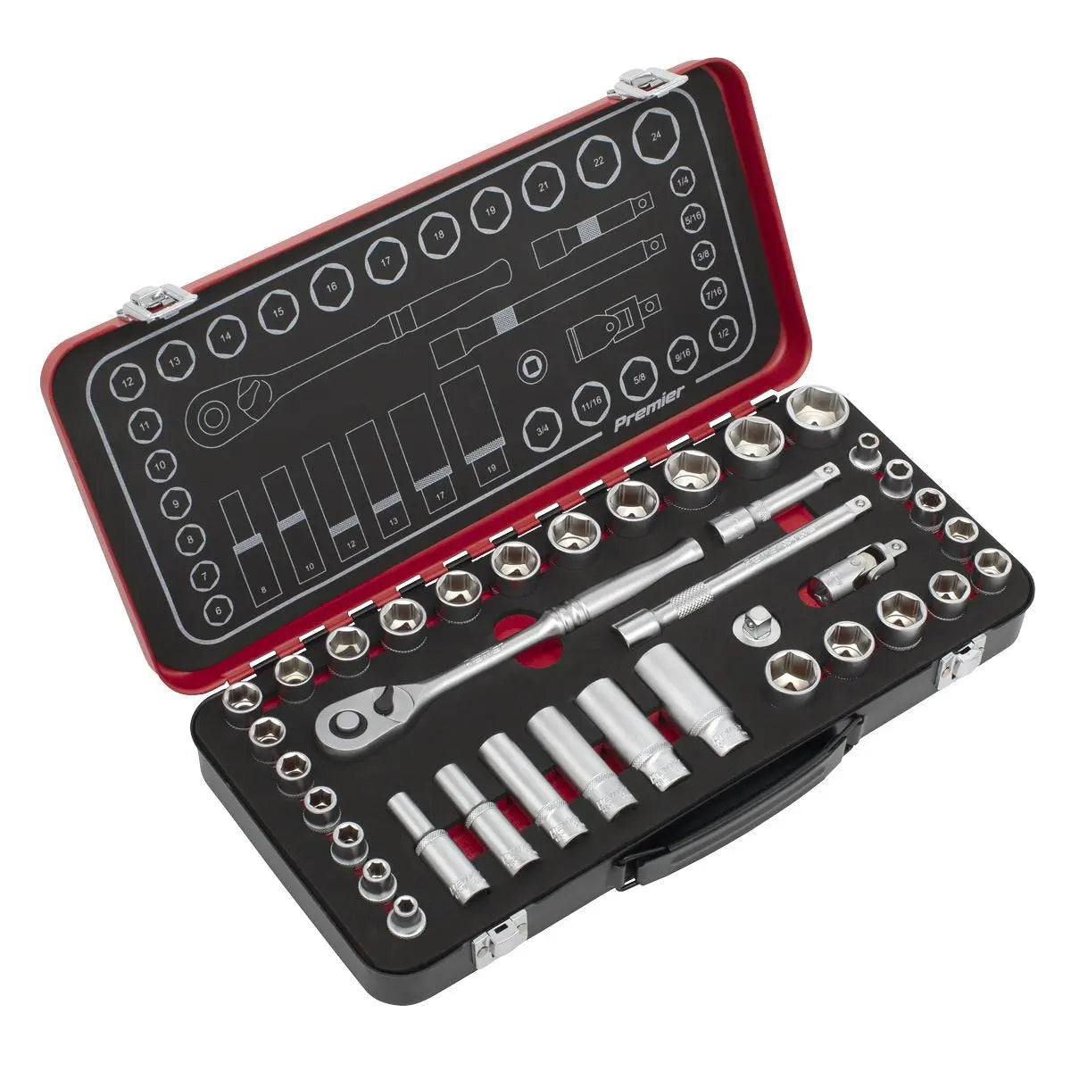 Sealey Premier Platinum Socket Set 3/8"Sq Drive 37pc - Metric/Imperial - Premier Platinum White Rose Tools