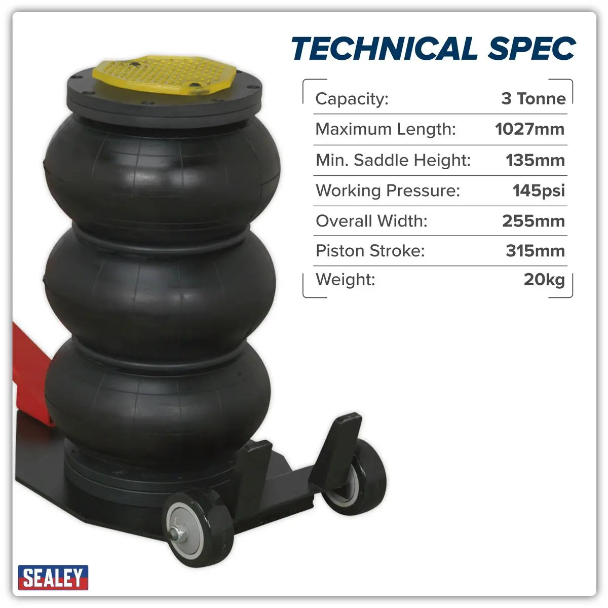 Sealey Premier Premier Air Operated Long Handle Fast 3-Stage Jack 3 Tonne White Rose Tools