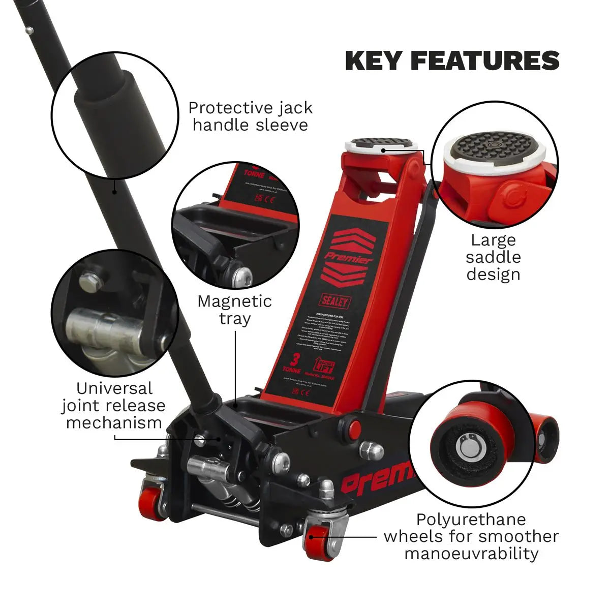 Sealey Premier Premier Low Profile Trolley Jack with Rocket Lift 3 Tonne - Red