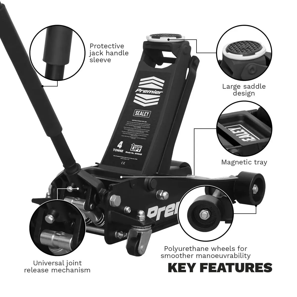 Sealey Premier Premier Low Profile Trolley Jack with Rocket Lift 4 Tonne - Black